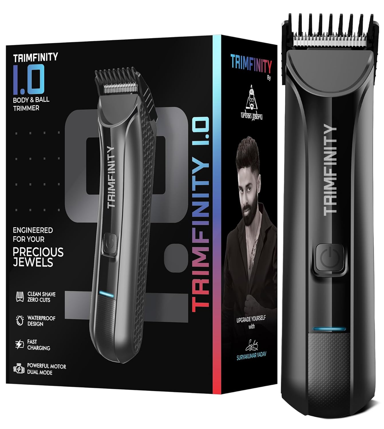 1.0 Waterproof Body Trimmer By Urban Gabru | Stainless Steel Ceramic Blade,Led Light,90 Min Battery,Dual-Mode Motor,4 Combs,Fast Charging,Travel Lock For Men'S Grooming (Black)
