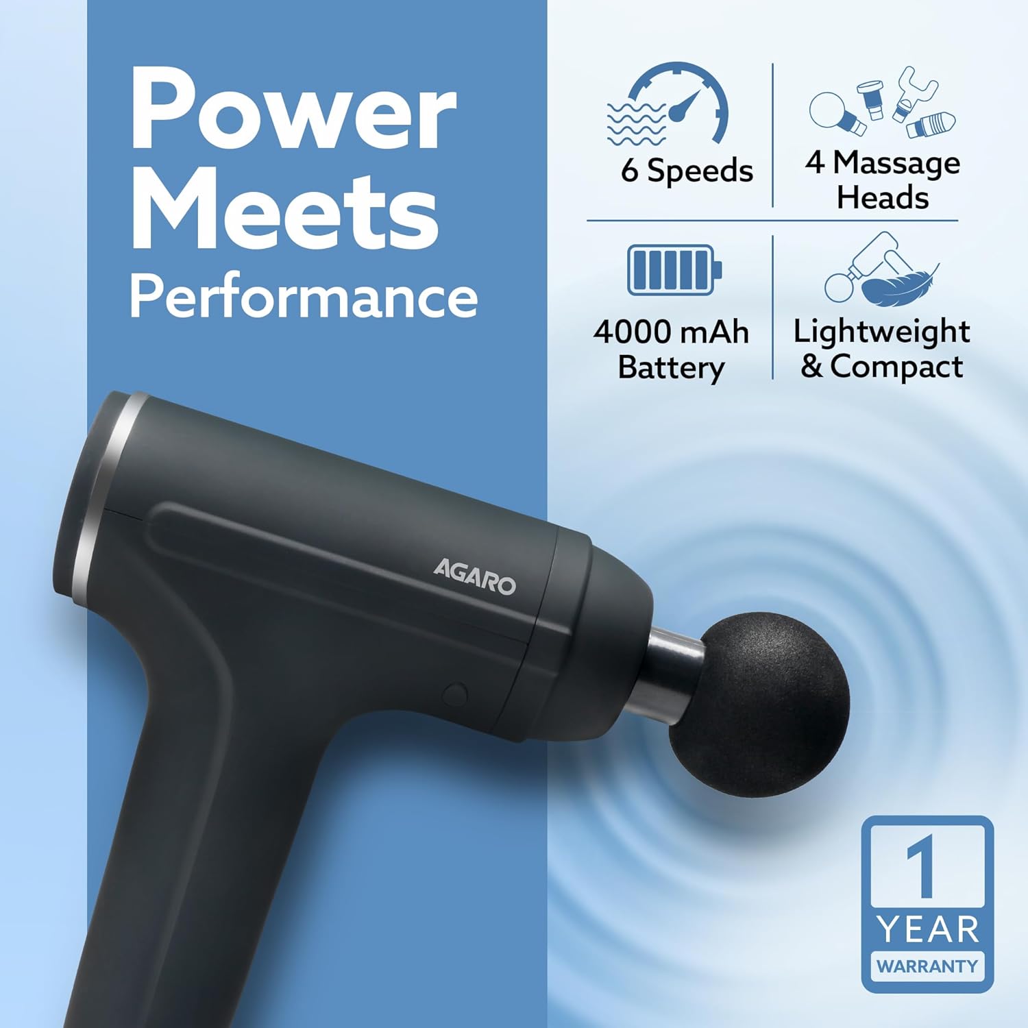 Massager Gun 4 Heads, 6 Speed, Rechargeable, Handheld, Percussion Muscle Massager for Full Body Relief, Muscle Relaxation of Neck, Shoulder, Back, Foot for Men & Women, Black